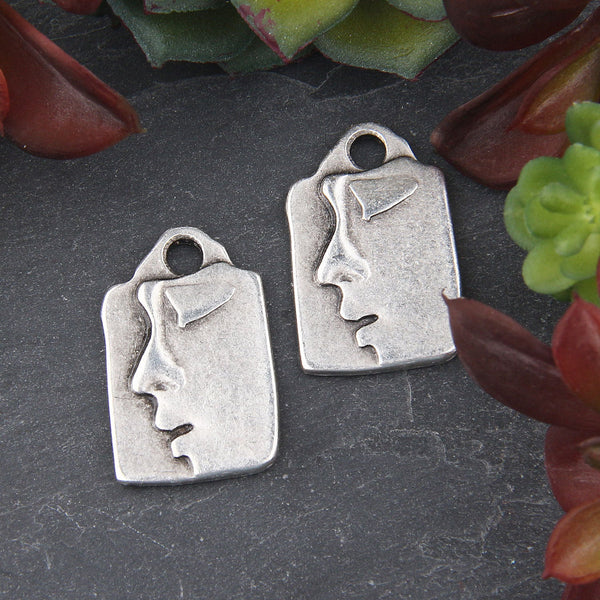 Silver Buddha Charm Pendant, One-sided Flat Rectangular Buddha Head Pendant, Matte Silver Plated, 2 pieces // SP-406
