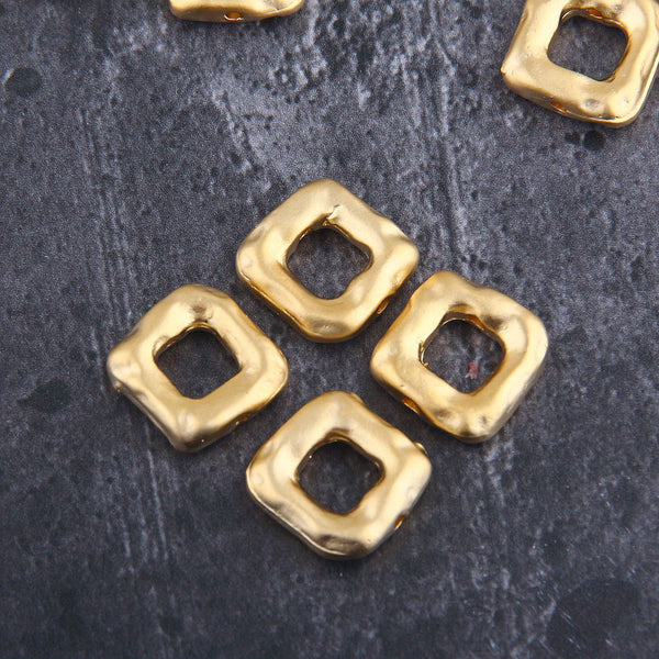Square Slider Beads, Gold Square Beads, Bead Spacers, Bracelet Beads, 14mm, 4 pieces // GB-288